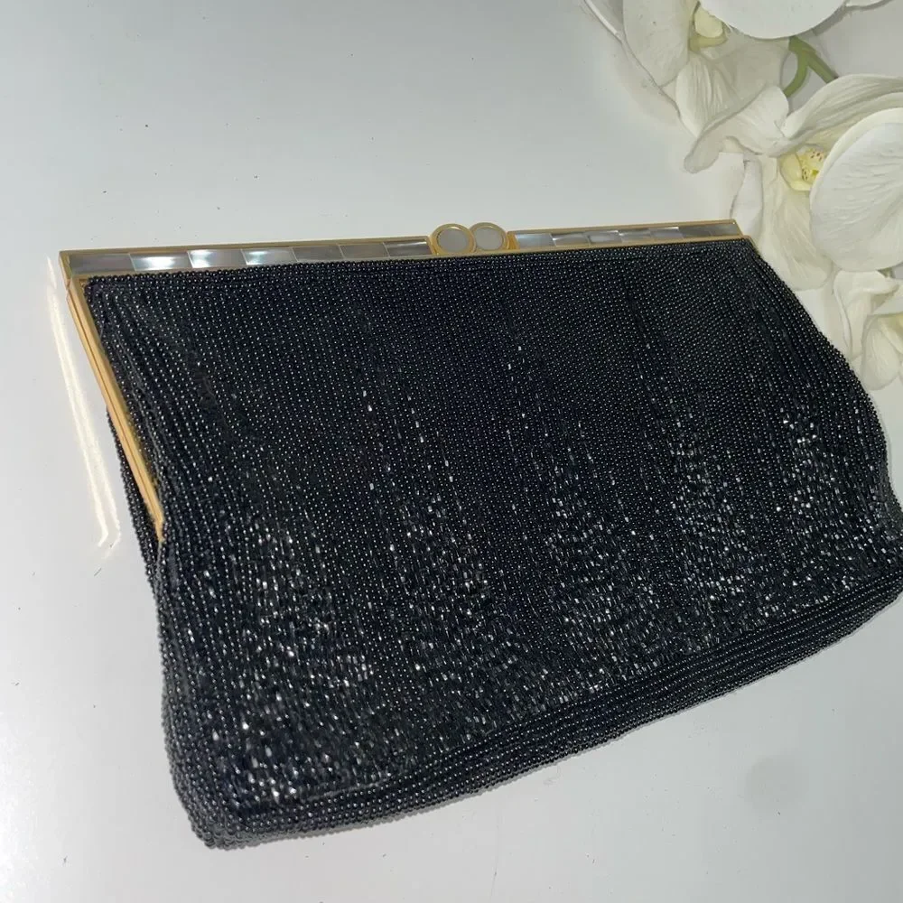Walborg Black Beaded Clutch with Gold Accents